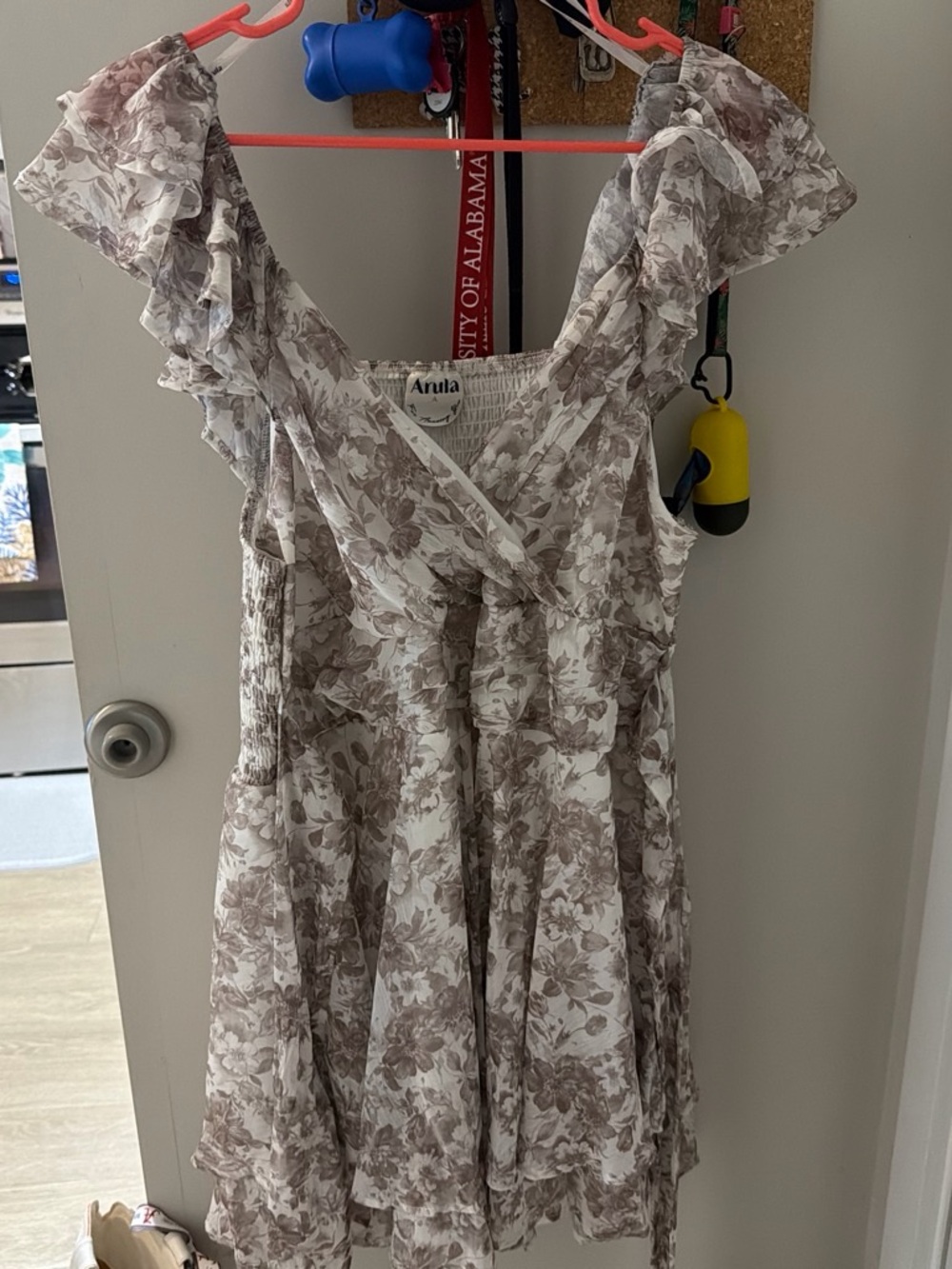 ARULA Taupe and White Floral Ruffle Midi Dress